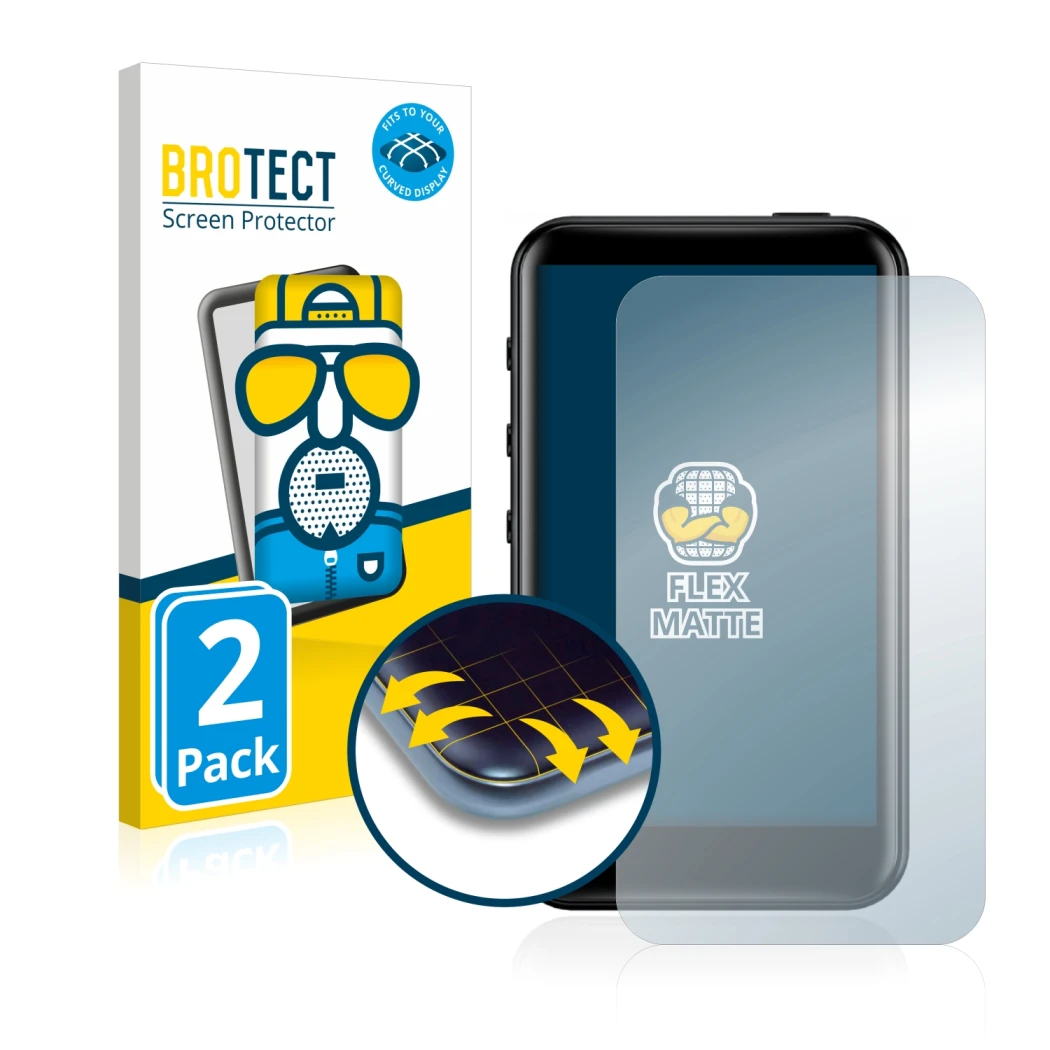Vorderseite einer Produktverpackung mit dem Markenlogo BROTECT. Daneben ist das Gerät FiiO M6 mit dem zugehörigen Displayschut