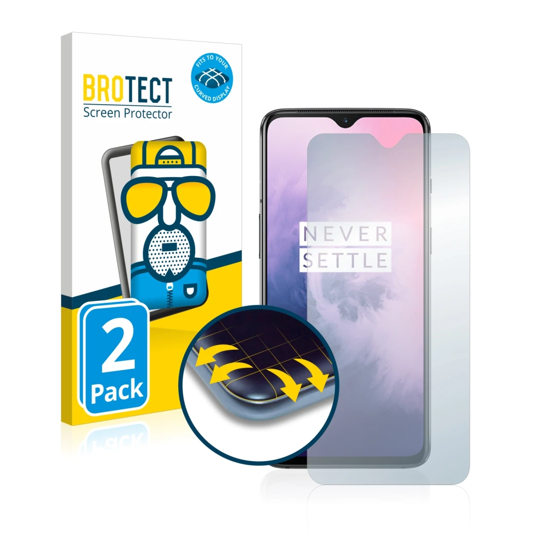 Vorderseite einer Produktverpackung mit dem Markenlogo BROTECT. Daneben ist das Gerät OnePlus 7 mit dem zugehörigen Displaysch