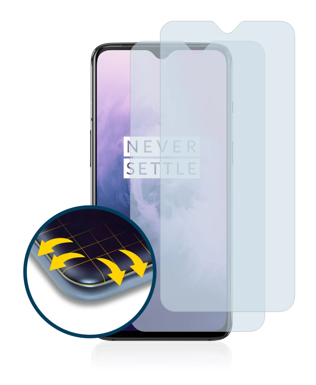 Abbildung des Geräts OnePlus 7 mit einer Vielzahl des Displayschutzes.