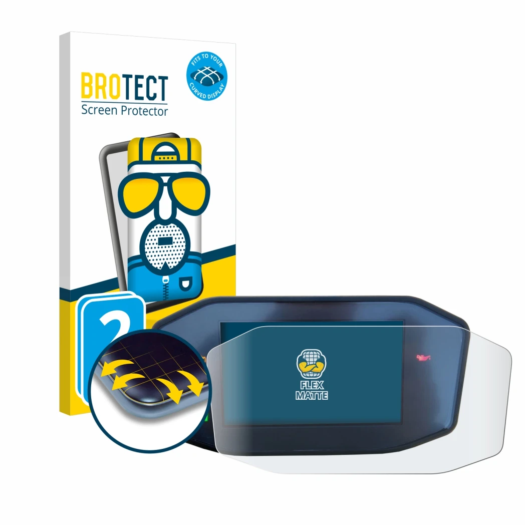 Vorderseite einer Produktverpackung mit dem Markenlogo BROTECT. Daneben ist das Gerät KTM 790 Duke mit dem zugehörigen Display