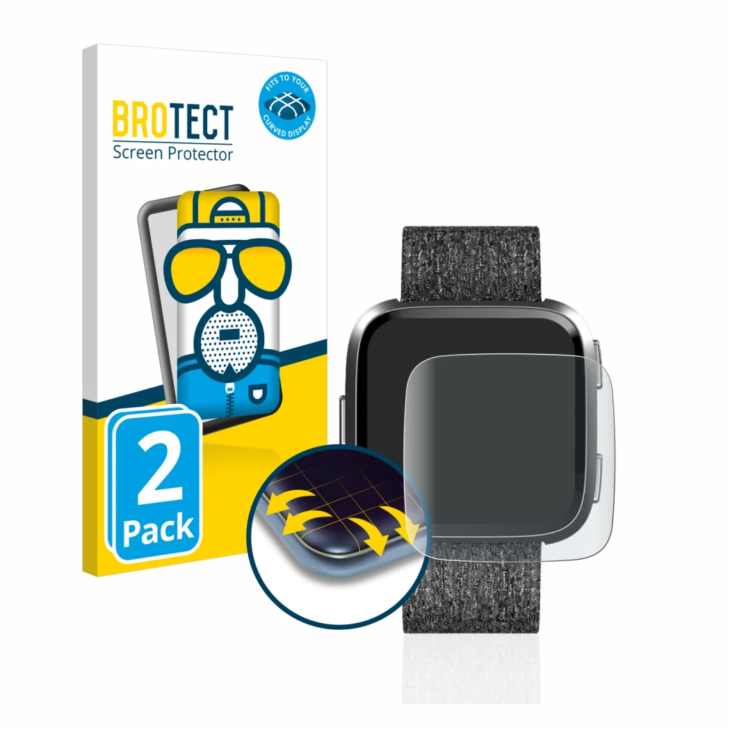 Vorderseite einer Produktverpackung mit dem Markenlogo BROTECT. Daneben ist das Gerät Fitbit Versa Special Edition mit dem zug