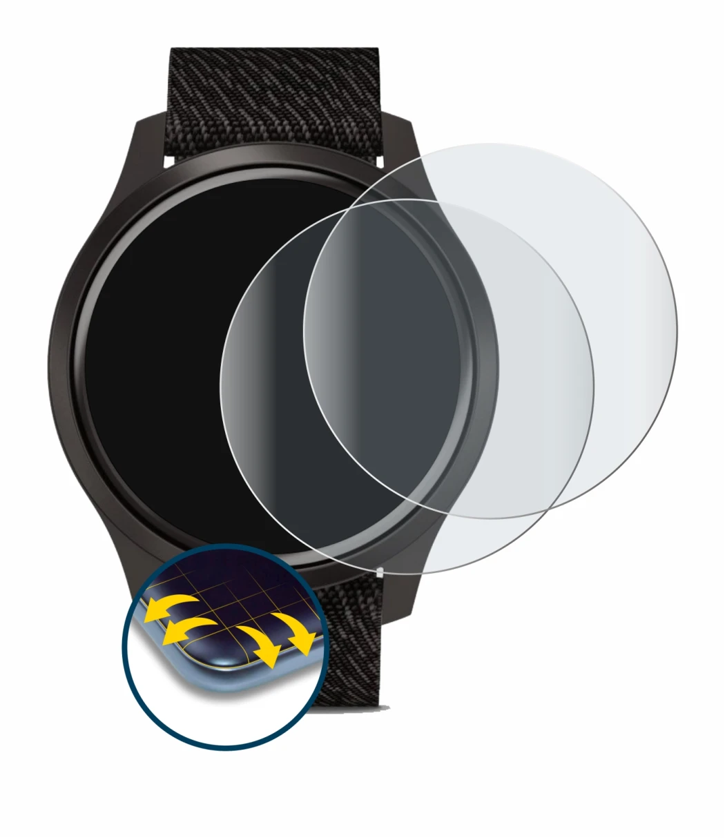 Abbildung des Geräts Garmin vivomove Style (42 mm) mit einer Vielzahl des Displayschutzes.