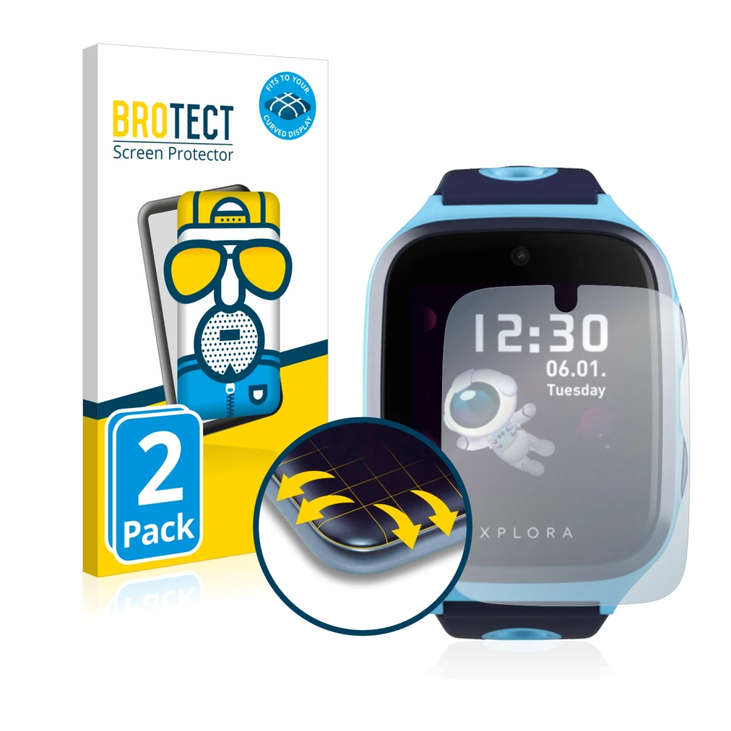 Vorderseite einer Produktverpackung mit dem Markenlogo BROTECT. Daneben ist das Gerät Xplora X4 mit dem zugehörigen Displaysch