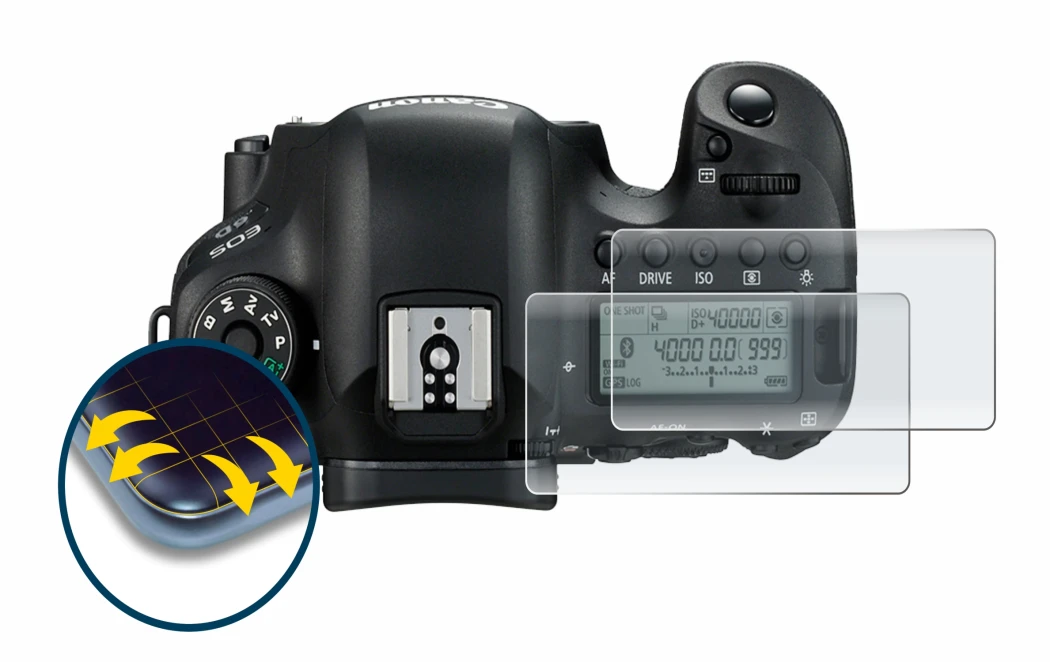 Abbildung des Geräts Canon EOS 6D (Schulterdisplay) mit einer Vielzahl des Displayschutzes.