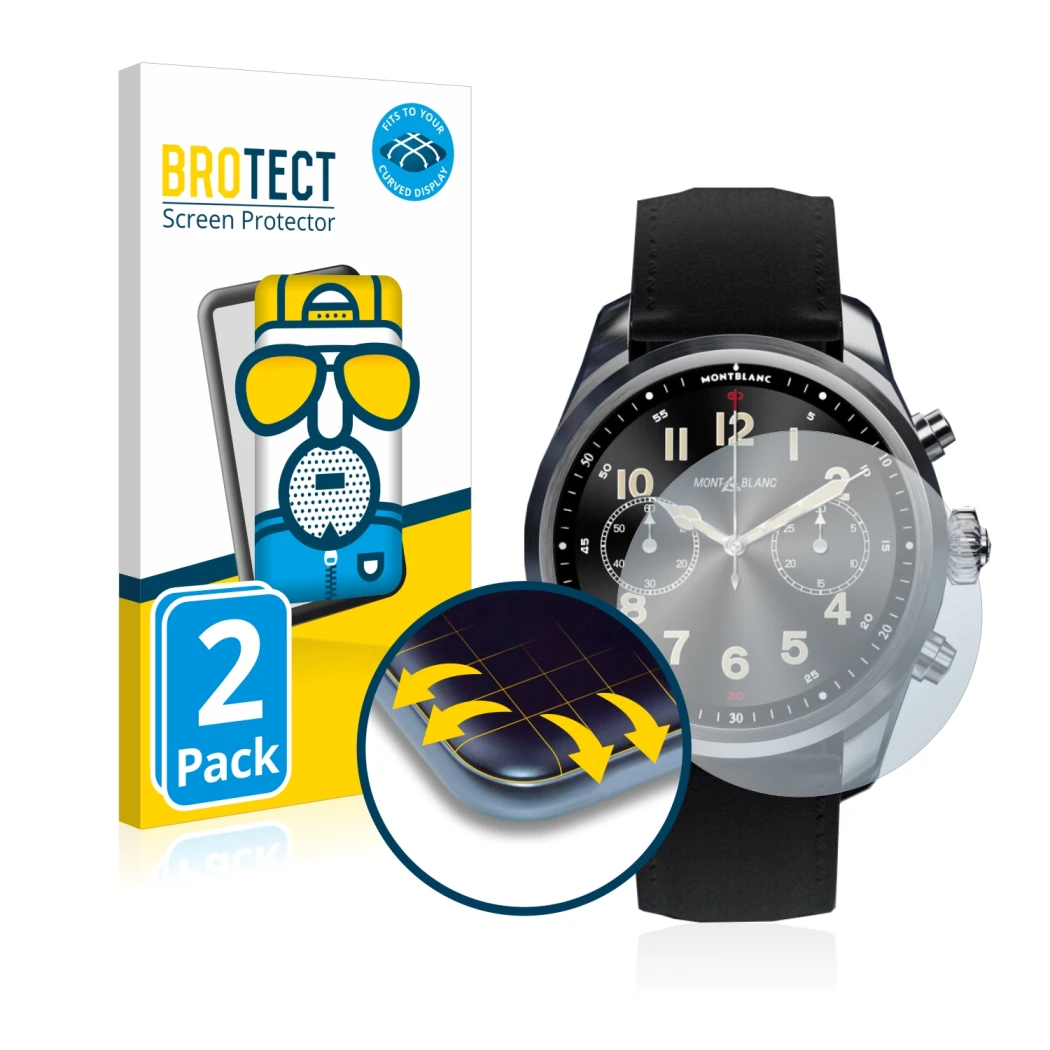 Vorderseite einer Produktverpackung mit dem Markenlogo BROTECT. Daneben ist das Gerät Montblanc Summit 2 Plus mit dem zugehöri
