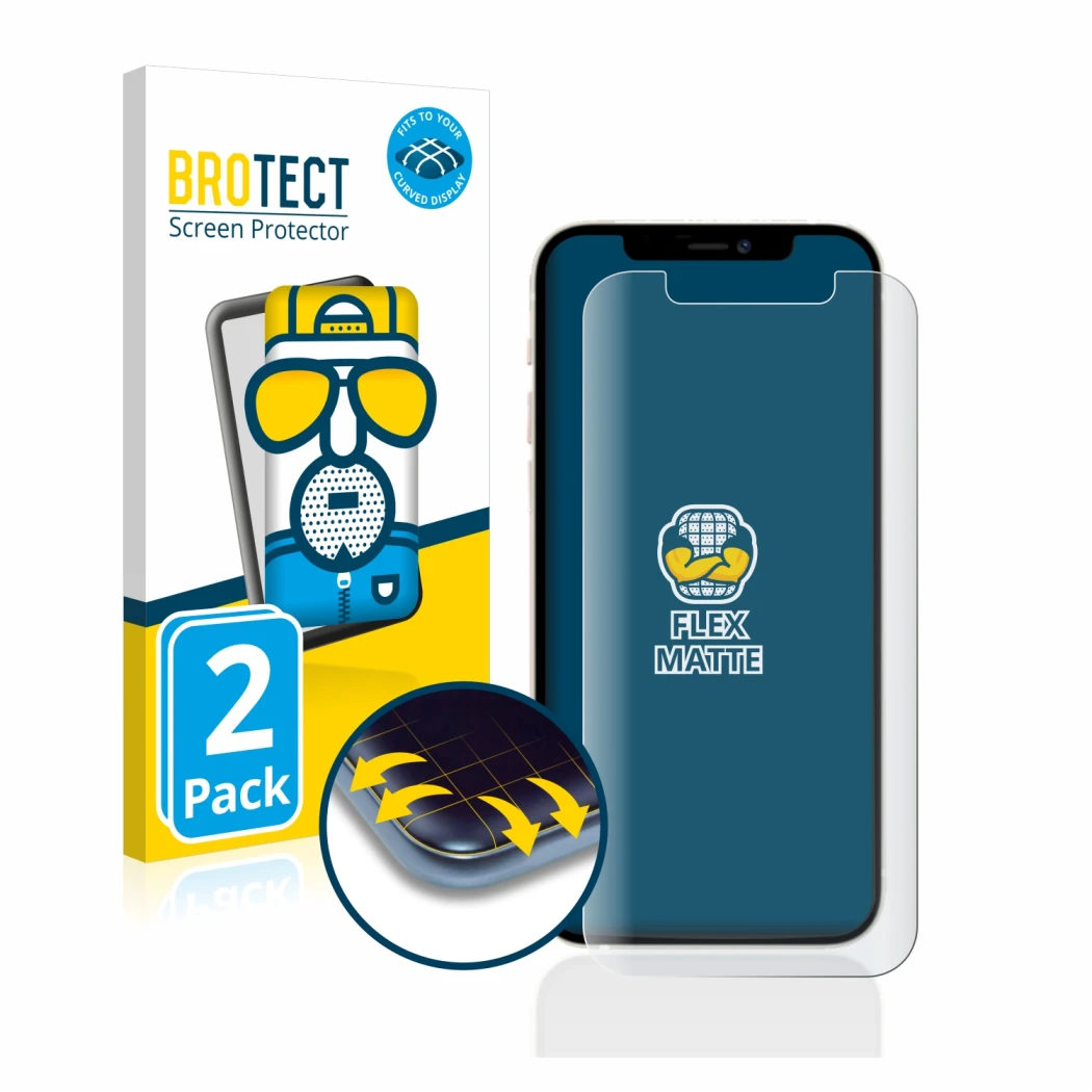 Vorderseite einer Produktverpackung mit dem Markenlogo BROTECT. Daneben ist das Gerät Apple iPhone 12 mit dem zugehörigen Disp