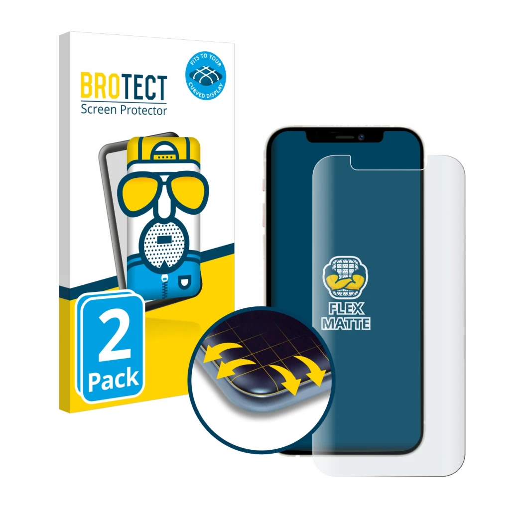 Vorderseite einer Produktverpackung mit dem Markenlogo BROTECT. Daneben ist das Gerät Apple iPhone 12 Pro mit dem zugehörigen 