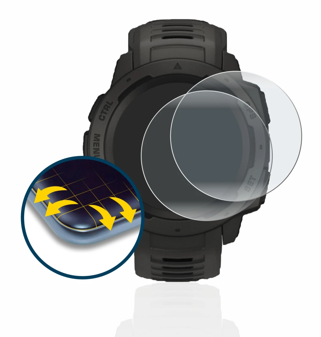 Abbildung des Geräts Garmin Instinct Solar mit einer Vielzahl des Displayschutzes.