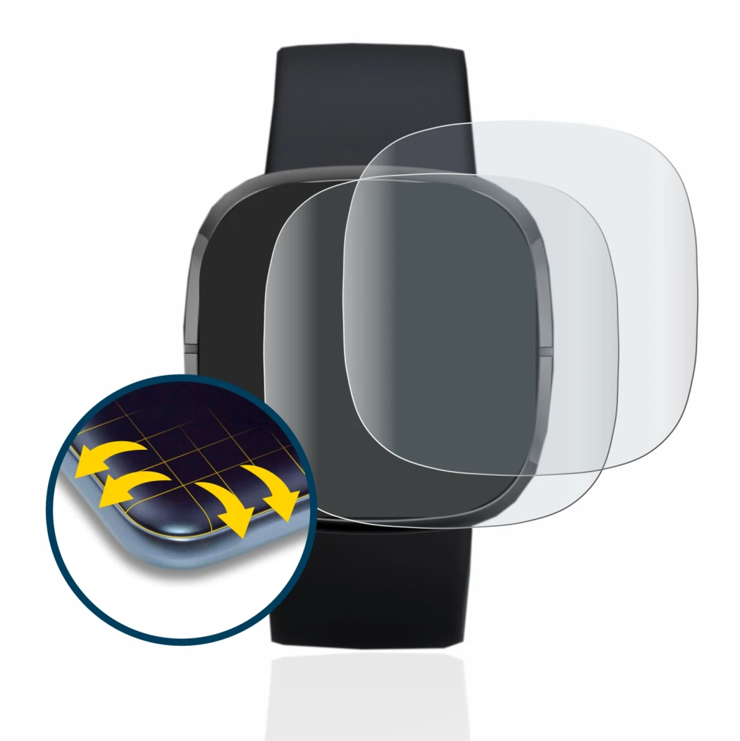 Abbildung des Geräts Fitbit Sense mit einer Vielzahl des Displayschutzes.