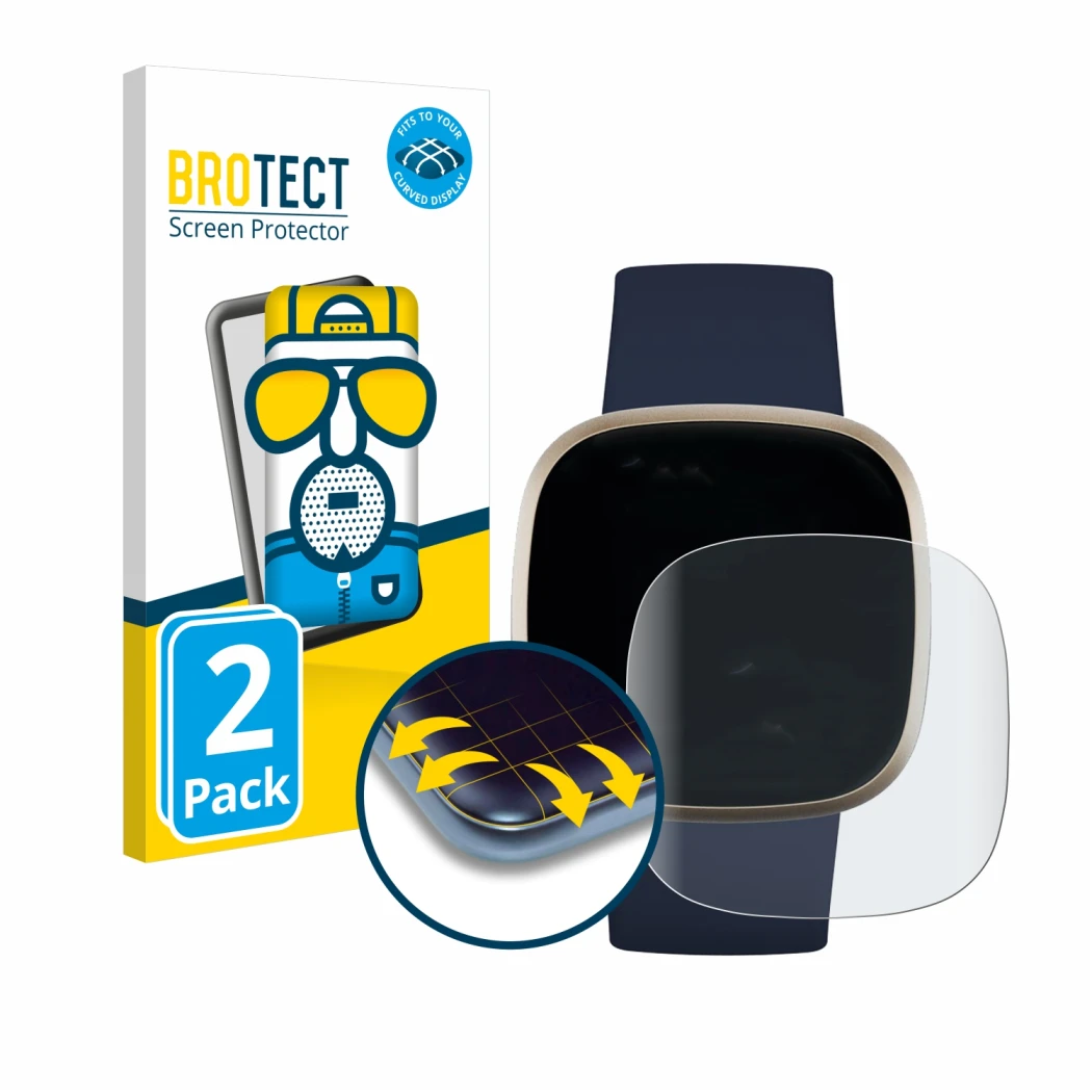 Vorderseite einer Produktverpackung mit dem Markenlogo BROTECT. Daneben ist das Gerät Fitbit Versa 3 mit dem zugehörigen Displ