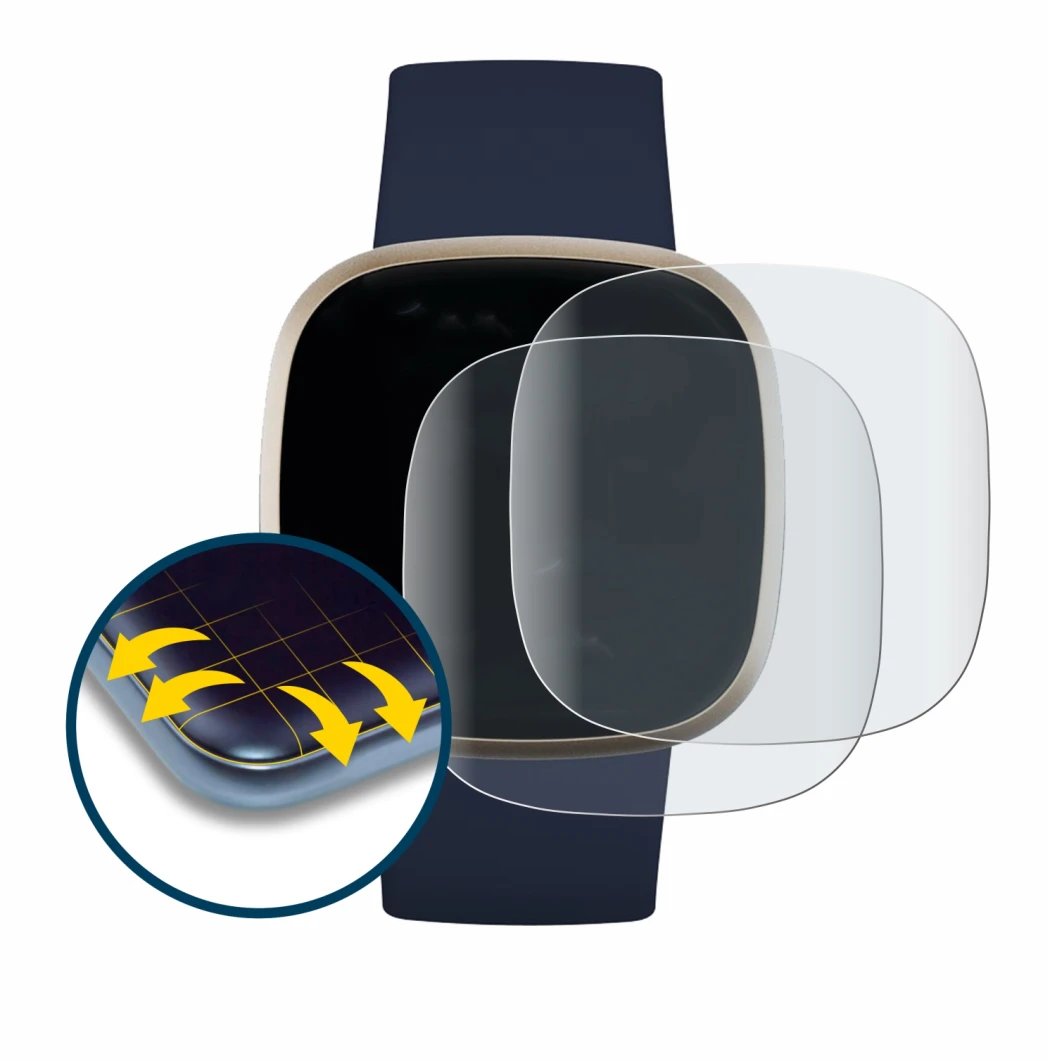 Abbildung des Geräts Fitbit Versa 3 mit einer Vielzahl des Displayschutzes.