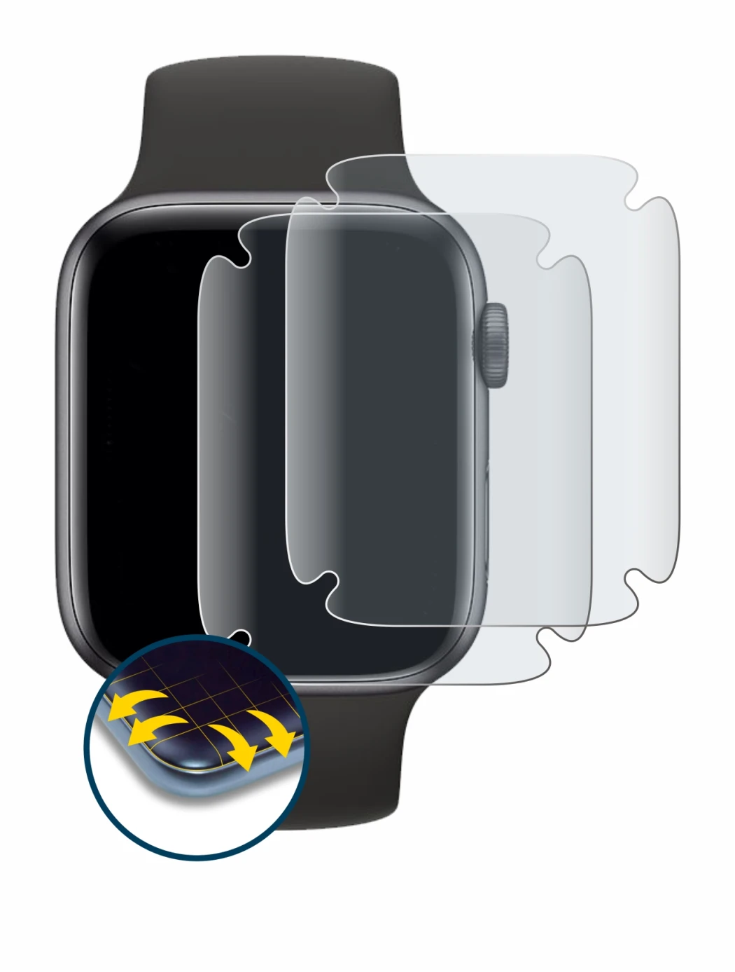 Abbildung des Geräts Apple Watch SE (44 mm) mit einer Vielzahl des Displayschutzes.