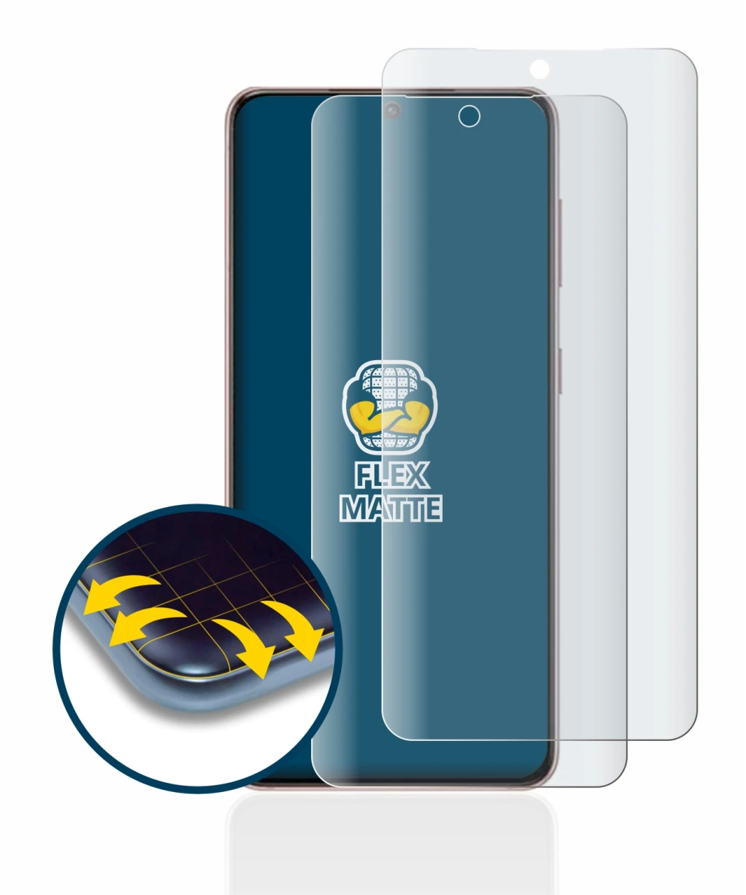 Abbildung des Geräts Samsung Galaxy S21 5G mit einer Vielzahl des Displayschutzes.