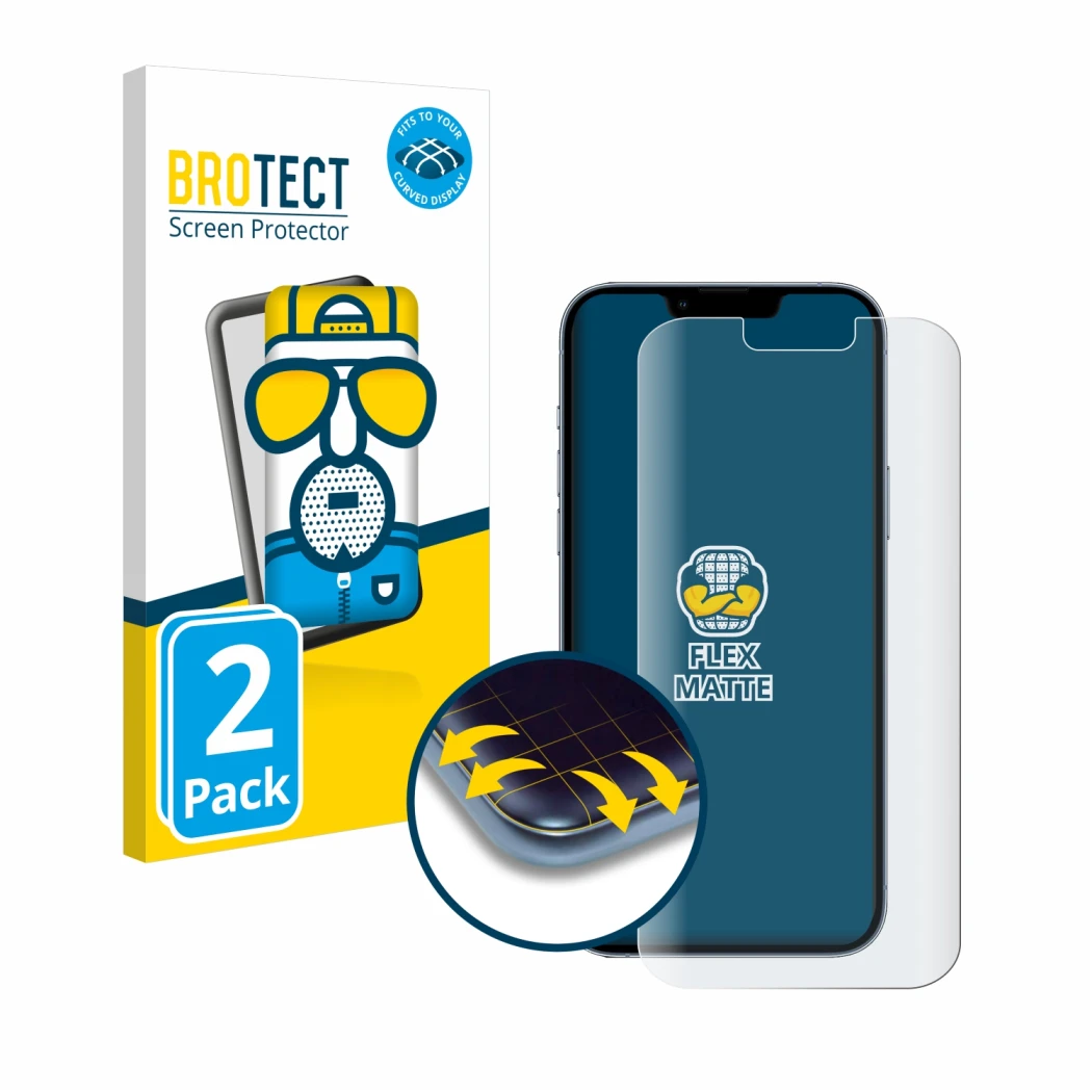 Vorderseite einer Produktverpackung mit dem Markenlogo BROTECT. Daneben ist das Gerät Apple iPhone 13 Pro Max mit dem zugehöri