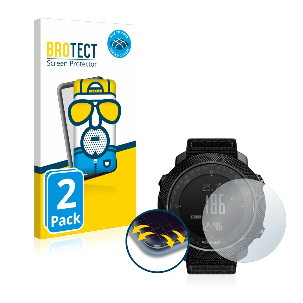 Vorderseite einer Produktverpackung mit dem Markenlogo BROTECT. Daneben ist das Gerät North Edge Apache mit dem zugehörigen Di