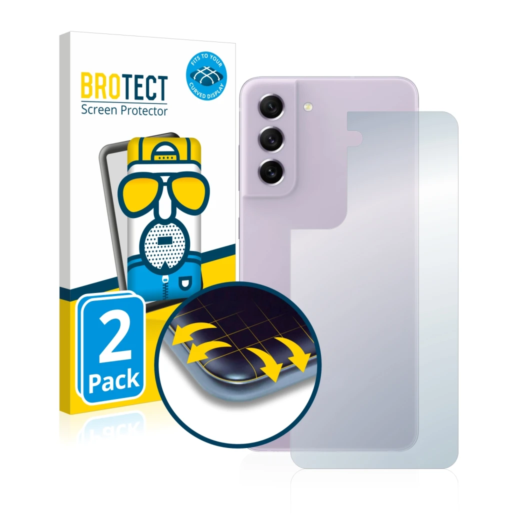 Vorderseite einer Produktverpackung mit dem Markenlogo BROTECT. Daneben ist das Gerät Samsung Galaxy S21 FE 5G (Rückseite) mit