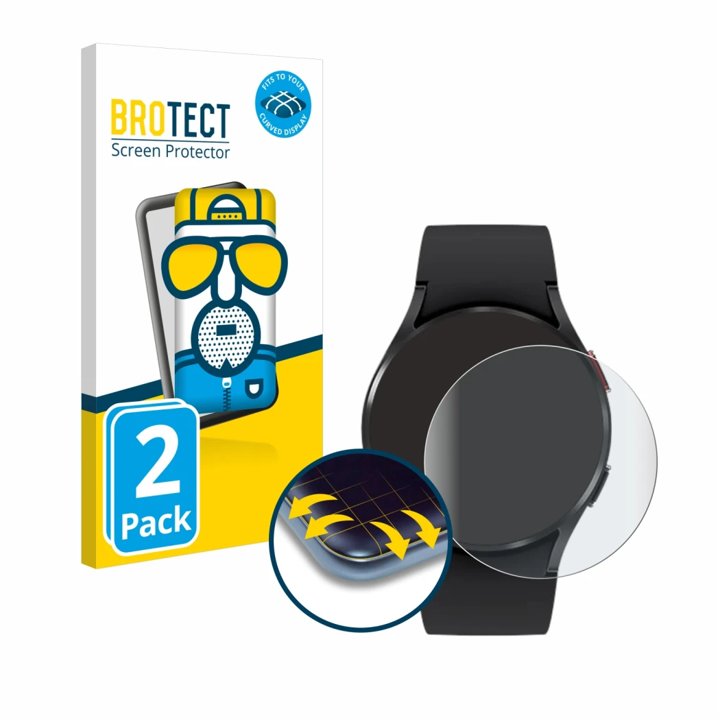 Vorderseite einer Produktverpackung mit dem Markenlogo BROTECT. Daneben ist das Gerät Samsung Galaxy Watch 4 (40mm) mit dem zu