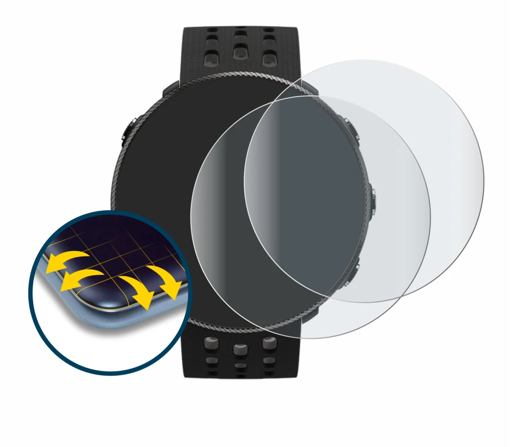 Abbildung des Geräts Polar Vantage M2 mit einer Vielzahl des Displayschutzes.