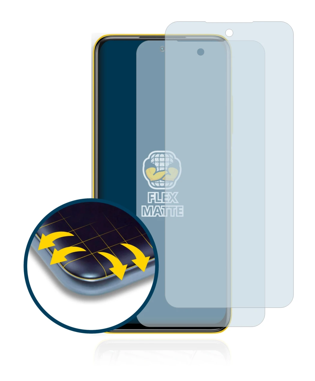 Abbildung des Geräts Xiaomi Poco M3 Pro 5G mit einer Vielzahl des Displayschutzes.