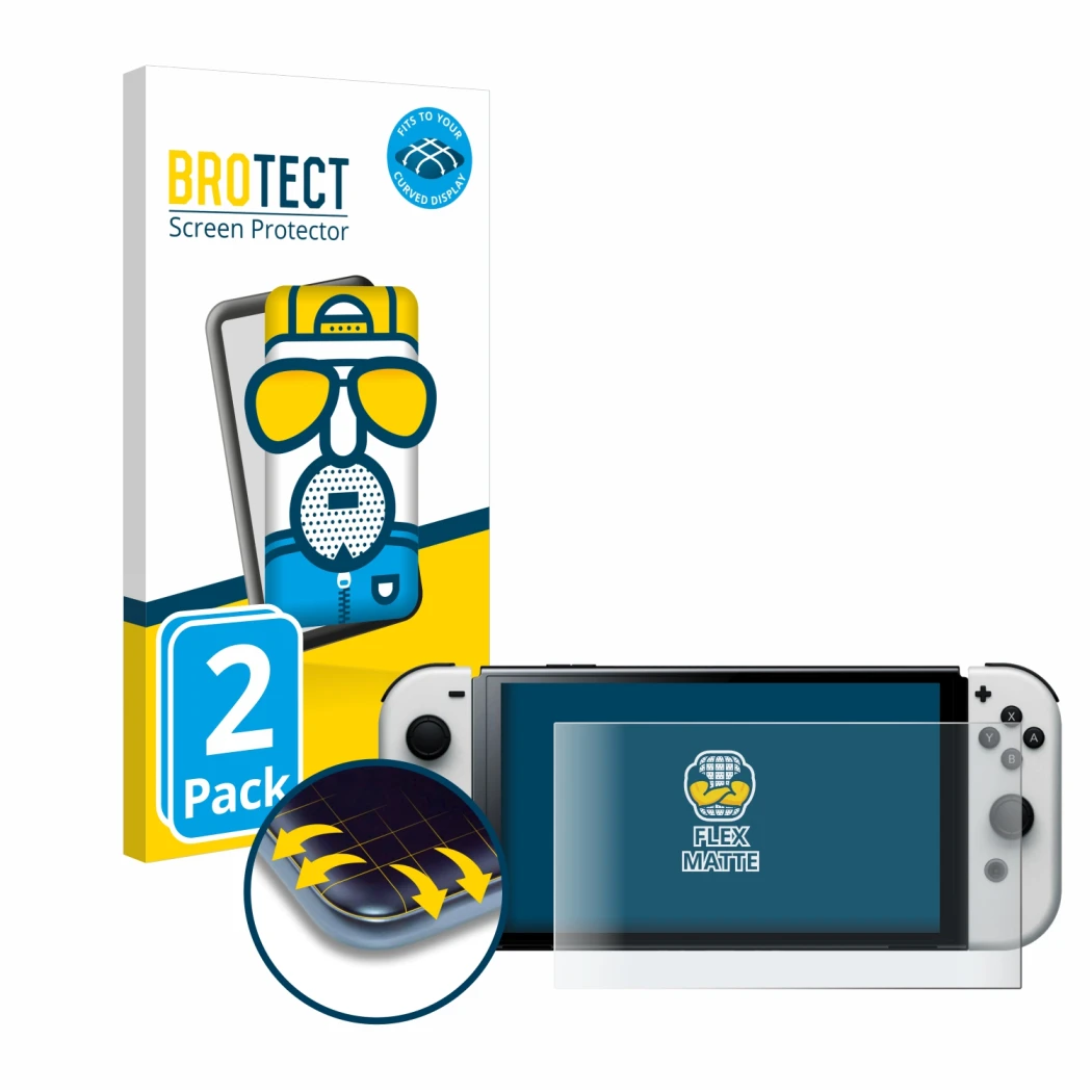 Vorderseite einer Produktverpackung mit dem Markenlogo BROTECT. Daneben ist das Gerät Nintendo Switch OLED-Modell mit dem zuge