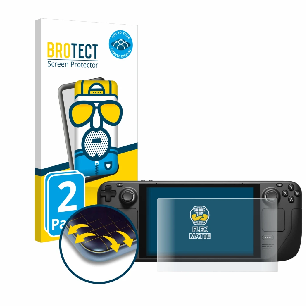 Vorderseite einer Produktverpackung mit dem Markenlogo BROTECT. Daneben ist das Gerät Valve Steam Deck mit dem zugehörigen Dis