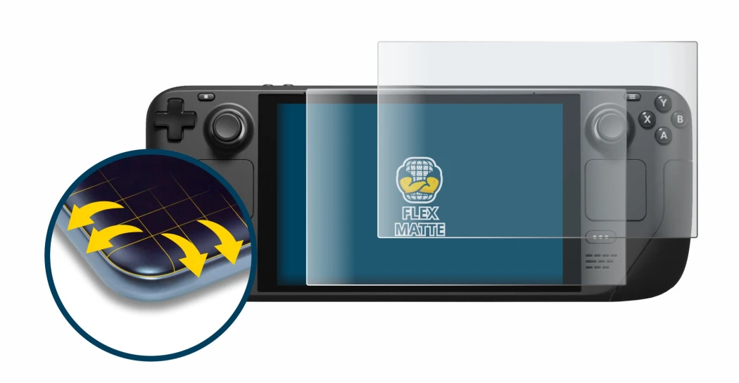 Abbildung des Geräts Valve Steam Deck mit einer Vielzahl des Displayschutzes.