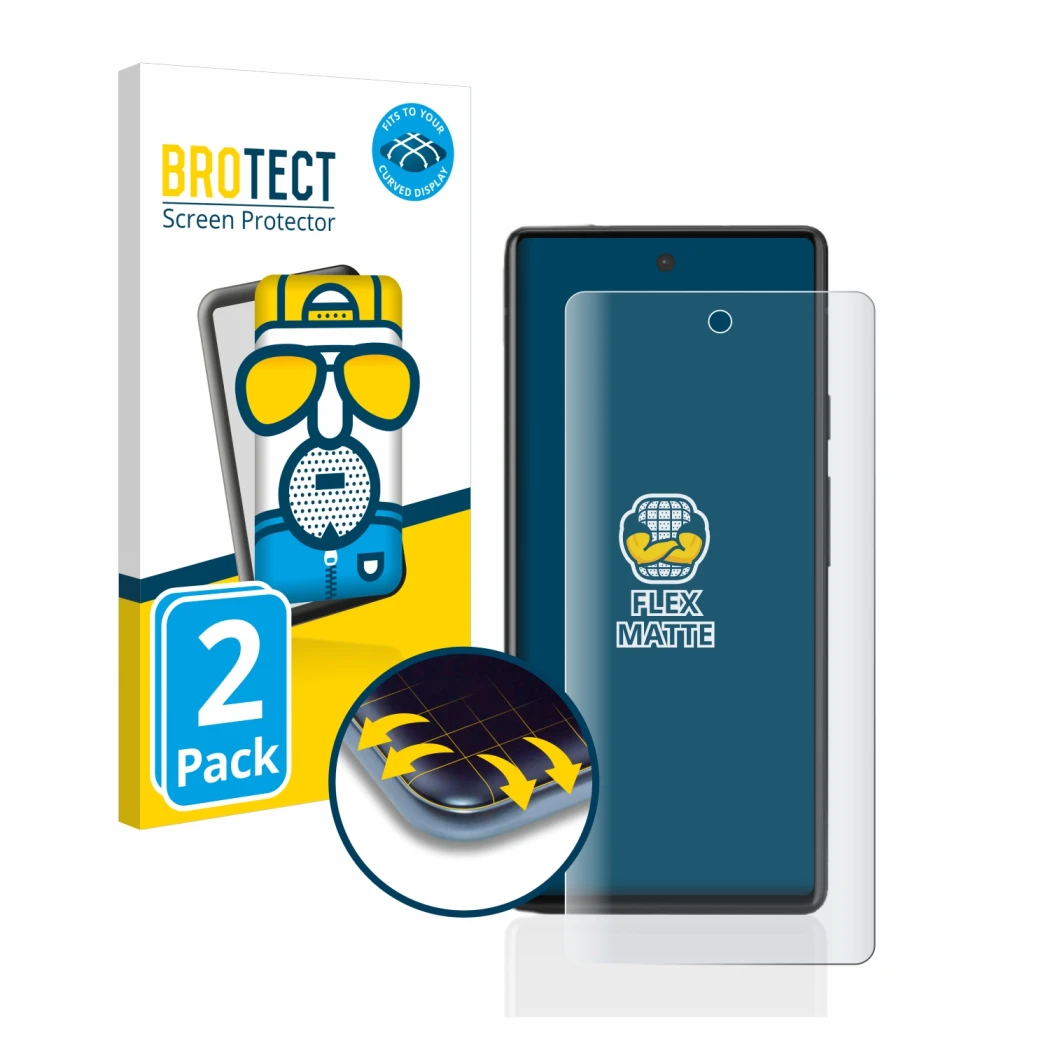 Vorderseite einer Produktverpackung mit dem Markenlogo BROTECT. Daneben ist das Gerät Google Pixel 6a mit dem zugehörigen Disp
