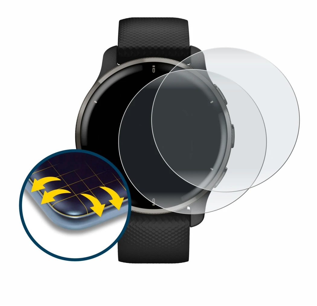 Abbildung des Geräts Garmin Venu 2 Plus mit einer Vielzahl des Displayschutzes.