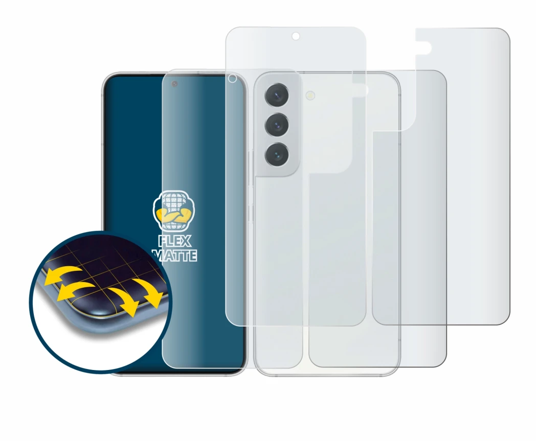 Abbildung des Geräts Samsung Galaxy S22 5G (Display+Rückseite) mit einer Vielzahl des Displayschutzes.