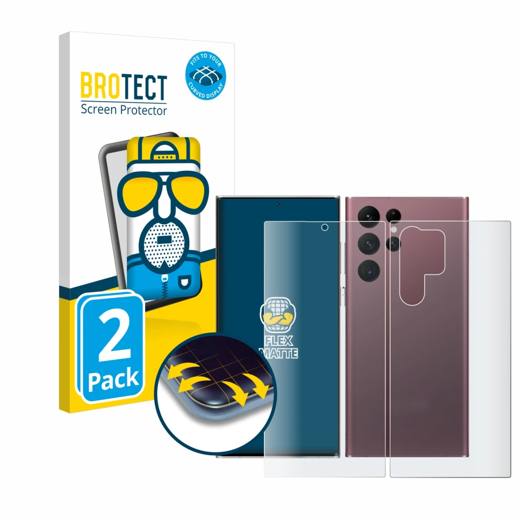 Vorderseite einer Produktverpackung mit dem Markenlogo BROTECT. Daneben ist das Gerät Samsung Galaxy S22 Ultra 5G (Display+Rüc