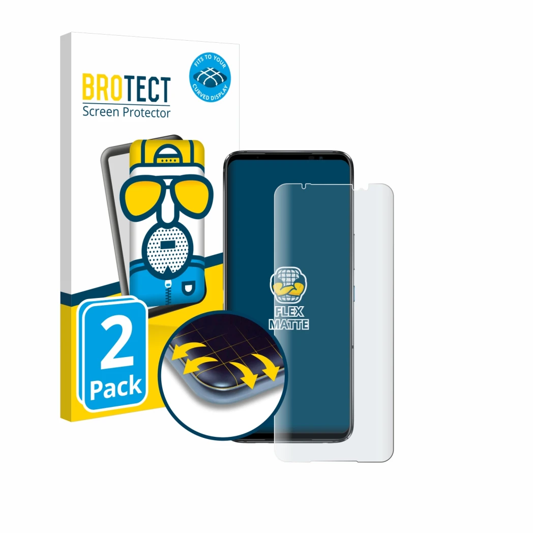 Vorderseite einer Produktverpackung mit dem Markenlogo BROTECT. Daneben ist das Gerät ASUS ROG Phone 6 Pro mit dem zugehörigen