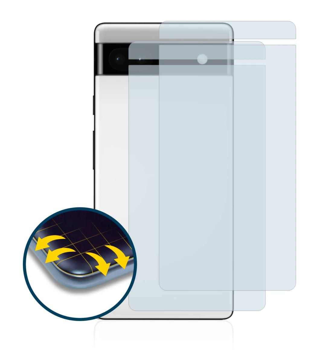 Abbildung des Geräts Google Pixel 6a (Rückseite) mit einer Vielzahl des Displayschutzes.