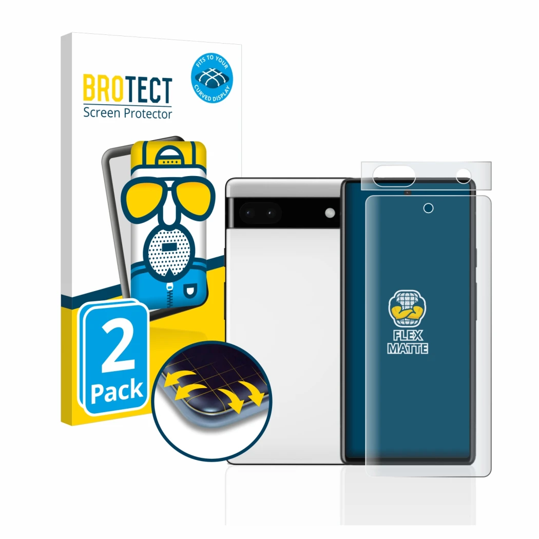 Vorderseite einer Produktverpackung mit dem Markenlogo BROTECT. Daneben ist das Gerät Google Pixel 6a (Display+Kamera) mit dem