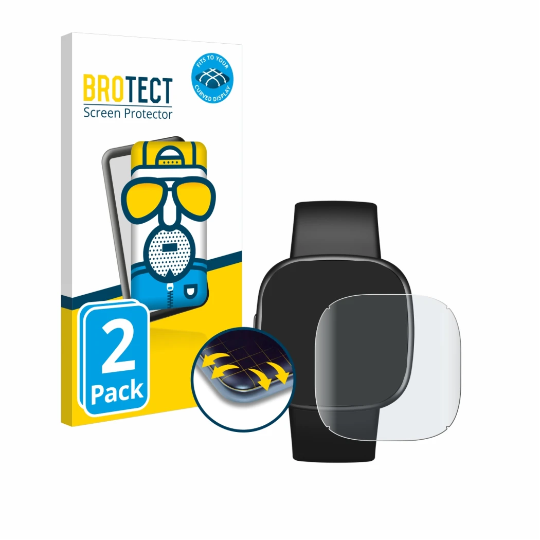 Vorderseite einer Produktverpackung mit dem Markenlogo BROTECT. Daneben ist das Gerät Fitbit Versa 4 mit dem zugehörigen Displ