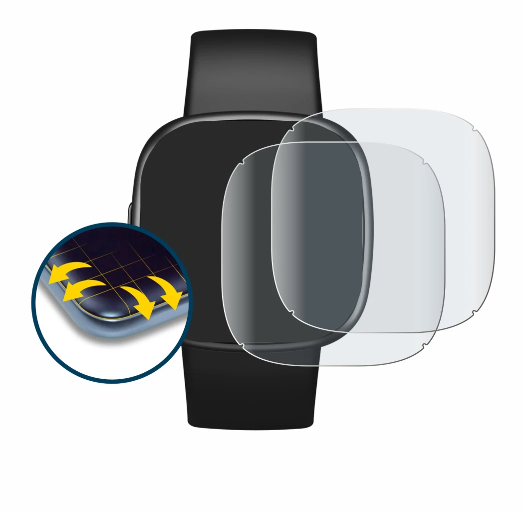 Abbildung des Geräts Fitbit Versa 4 mit einer Vielzahl des Displayschutzes.