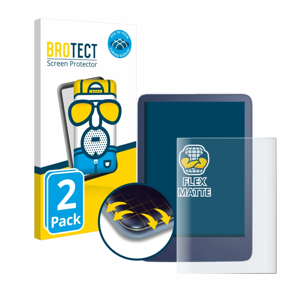 Vorderseite einer Produktverpackung mit dem Markenlogo BROTECT. Daneben ist das Gerät Amazon Kindle Reader 2022 mit dem zugehö