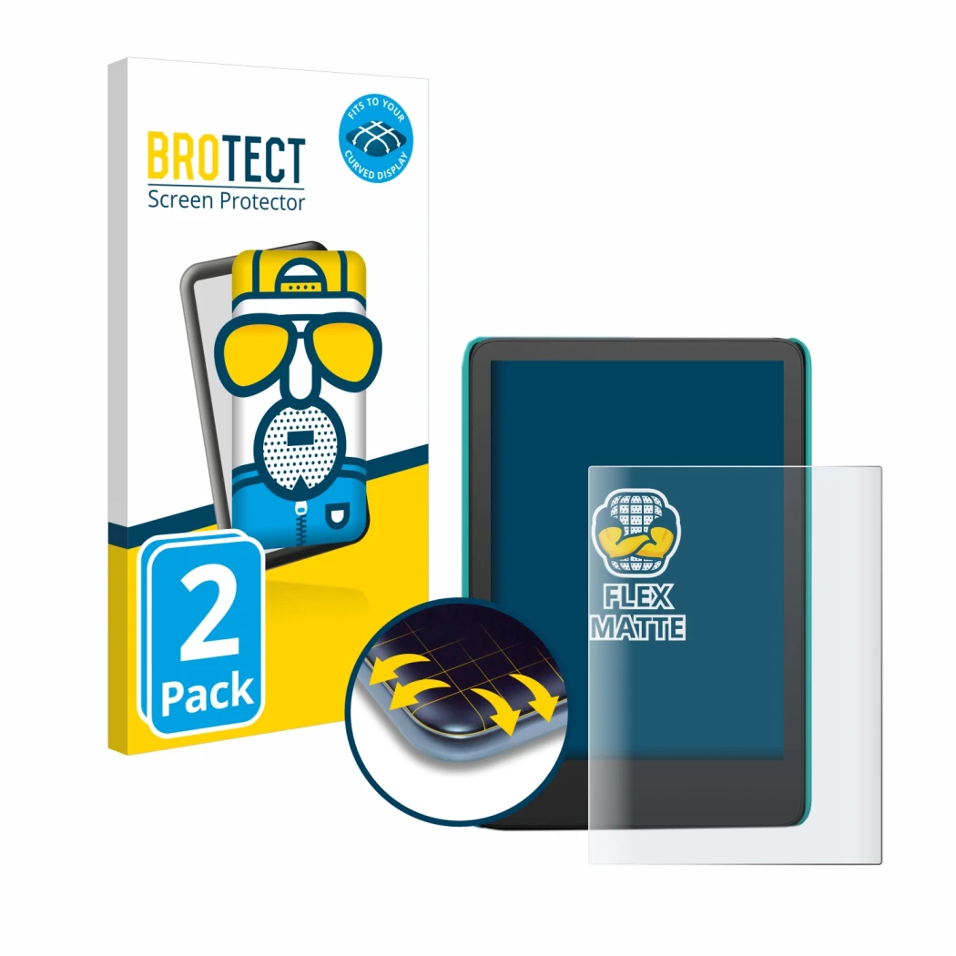 Vorderseite einer Produktverpackung mit dem Markenlogo BROTECT. Daneben ist das Gerät Amazon Kindle Kids (2022) mit dem zugehö