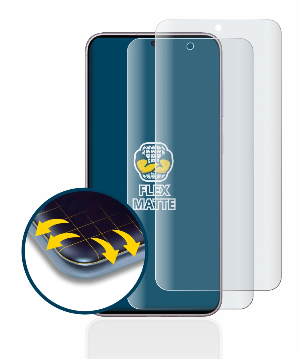 Abbildung des Geräts Samsung Galaxy S23 mit einer Vielzahl des Displayschutzes.