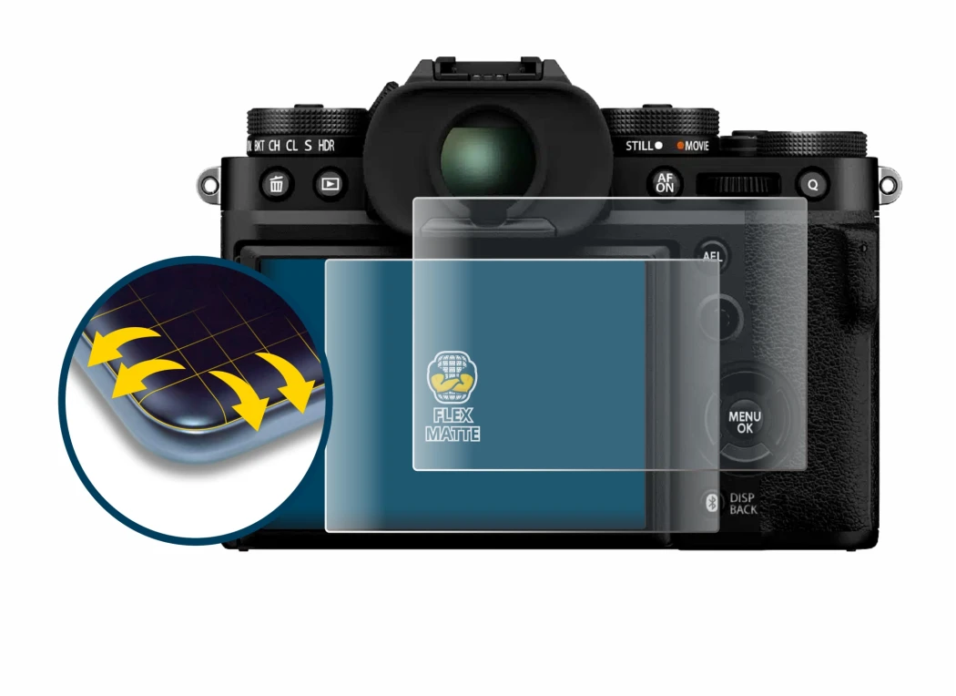 Abbildung des Geräts Fujifilm X-T5 mit einer Vielzahl des Displayschutzes.