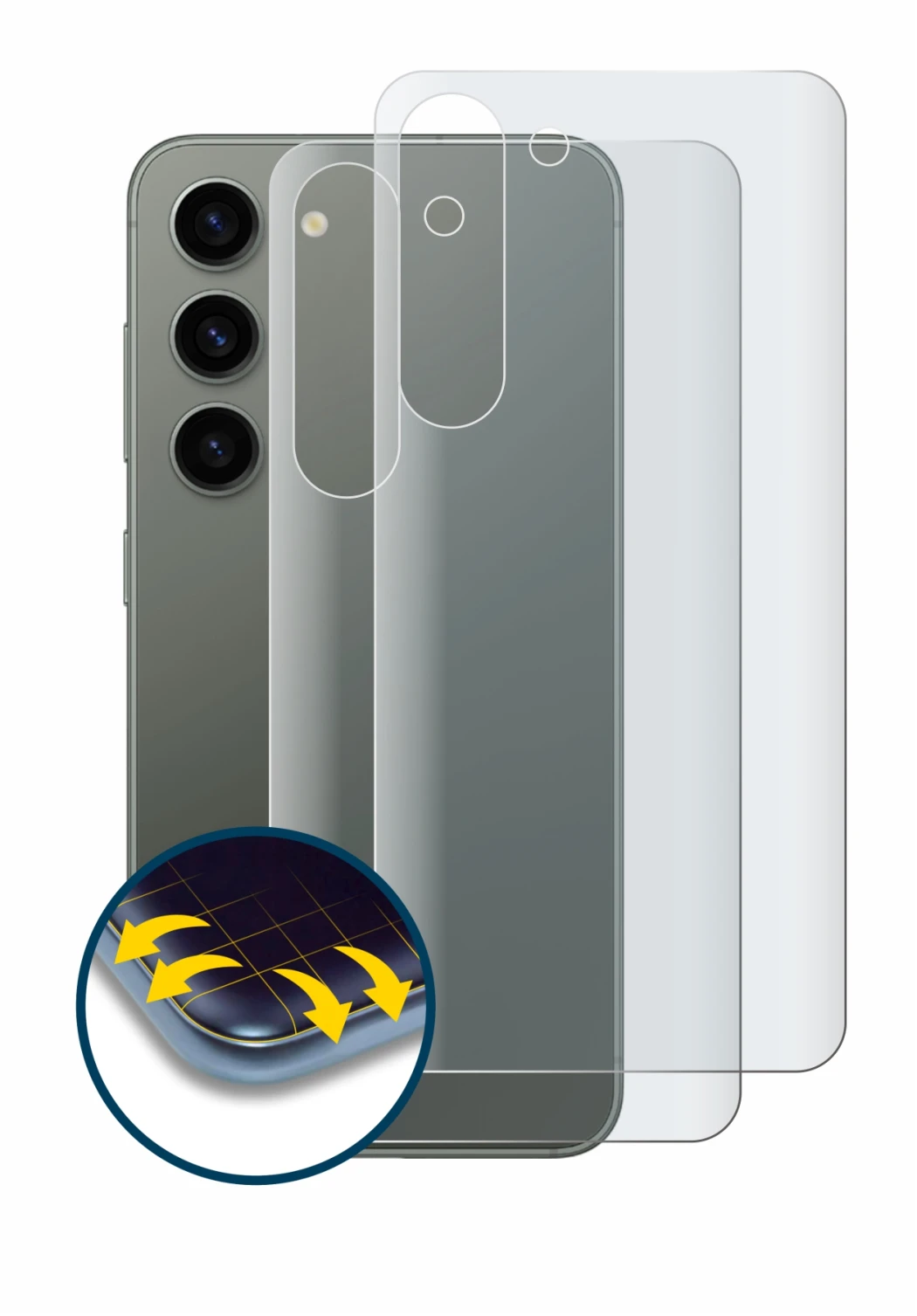 Abbildung des Geräts Samsung Galaxy S23 (Rückseite) mit einer Vielzahl des Displayschutzes.