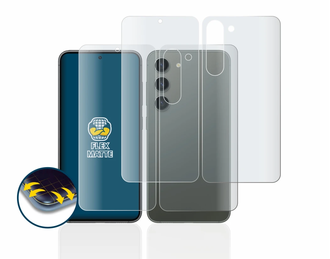 Abbildung des Geräts Samsung Galaxy S23 (Display+Rückseite) mit einer Vielzahl des Displayschutzes.