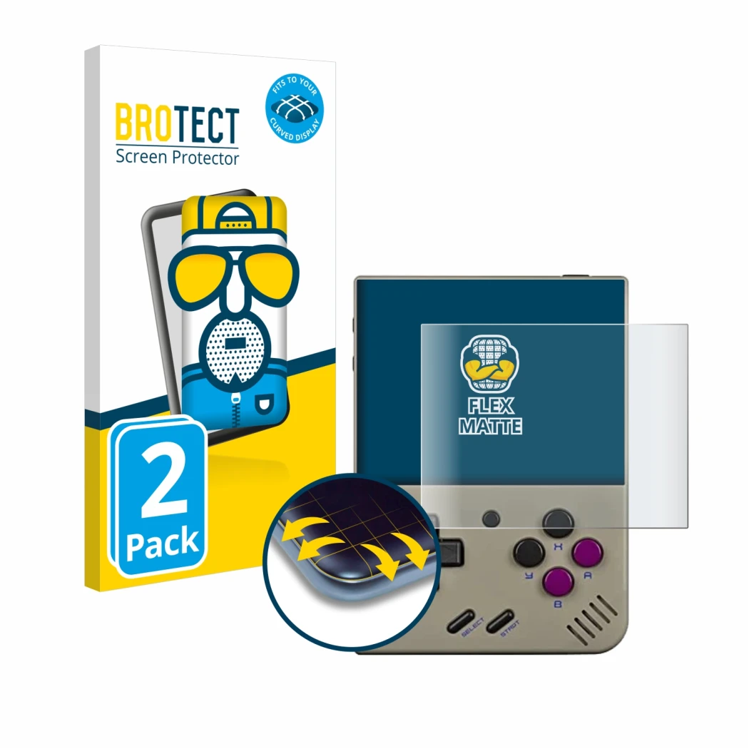 Vorderseite einer Produktverpackung mit dem Markenlogo BROTECT. Daneben ist das Gerät Miyoo Mini Plus mit dem zugehörigen Disp