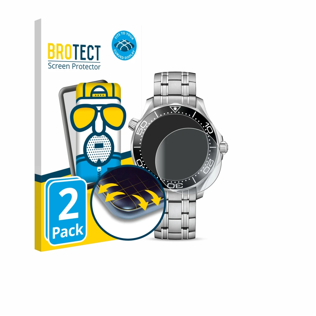 Vorderseite einer Produktverpackung mit dem Markenlogo BROTECT. Daneben ist das Gerät Omega Seamaster Diver 300M (42 mm) mit d