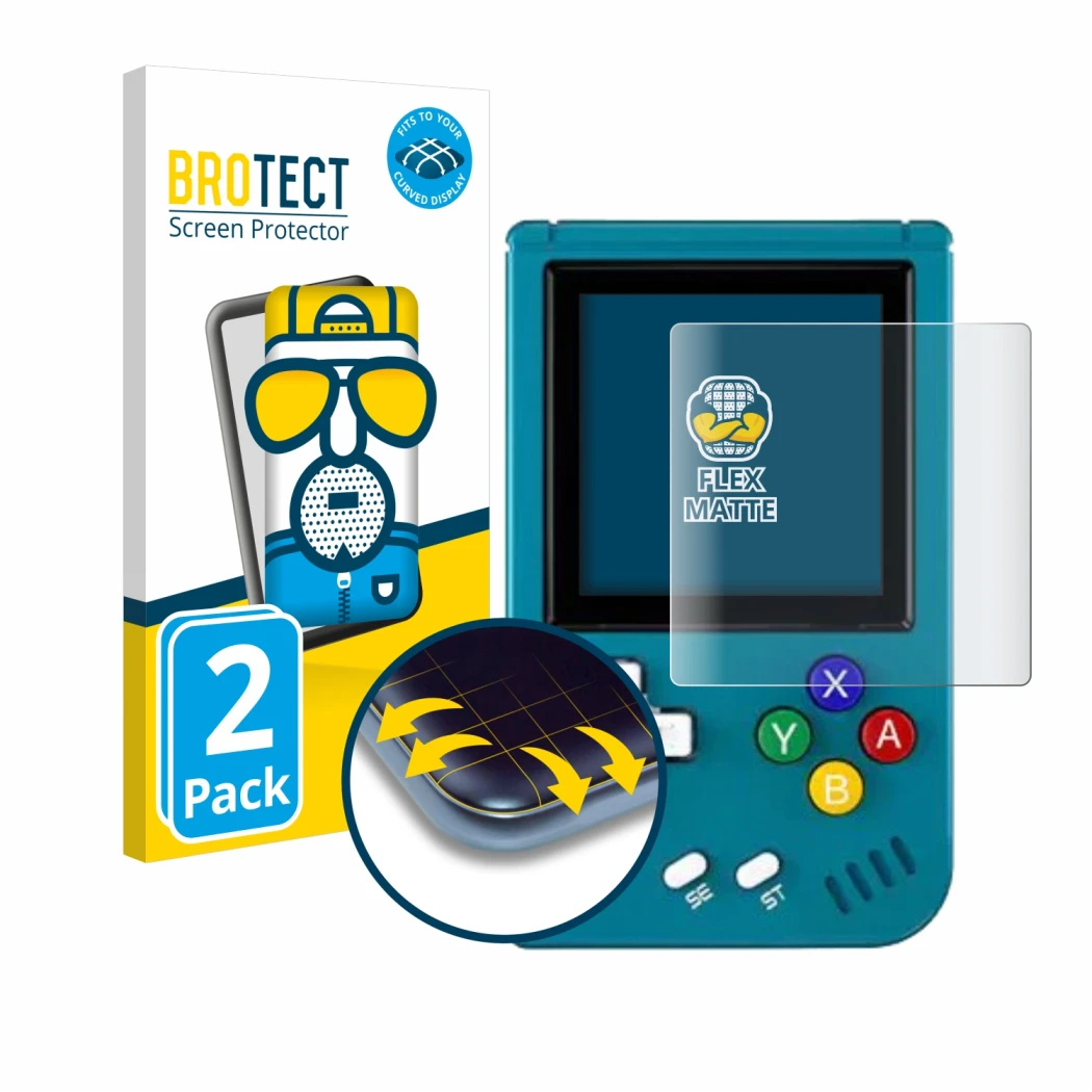 Vorderseite einer Produktverpackung mit dem Markenlogo BROTECT. Daneben ist das Gerät Anbernic RG Nano mit dem zugehörigen Dis