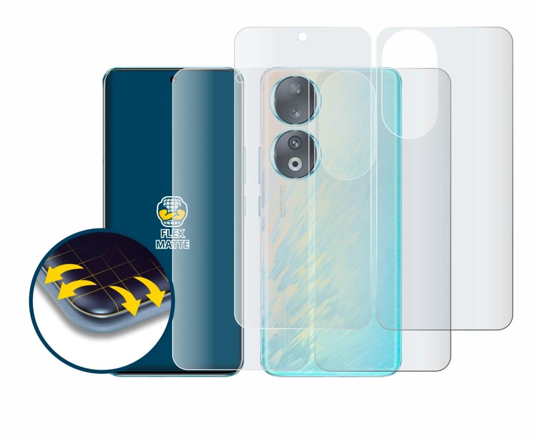 Abbildung des Geräts Honor 90 (Display+Rückseite) mit einer Vielzahl des Displayschutzes.