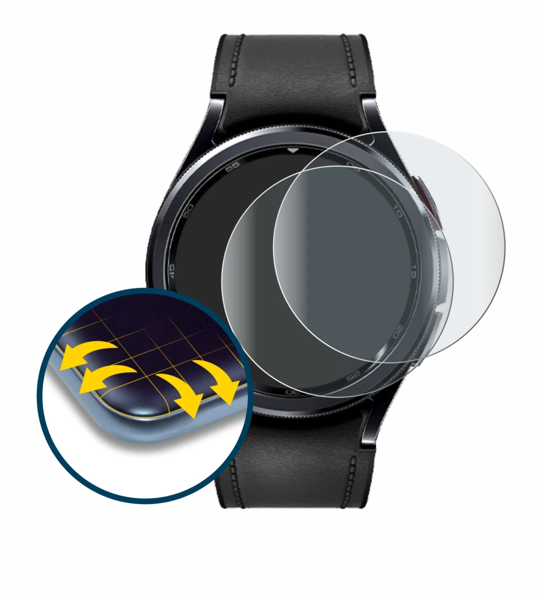 Abbildung des Geräts Samsung Galaxy Watch 6 Classic (47 mm) mit einer Vielzahl des Displayschutzes.