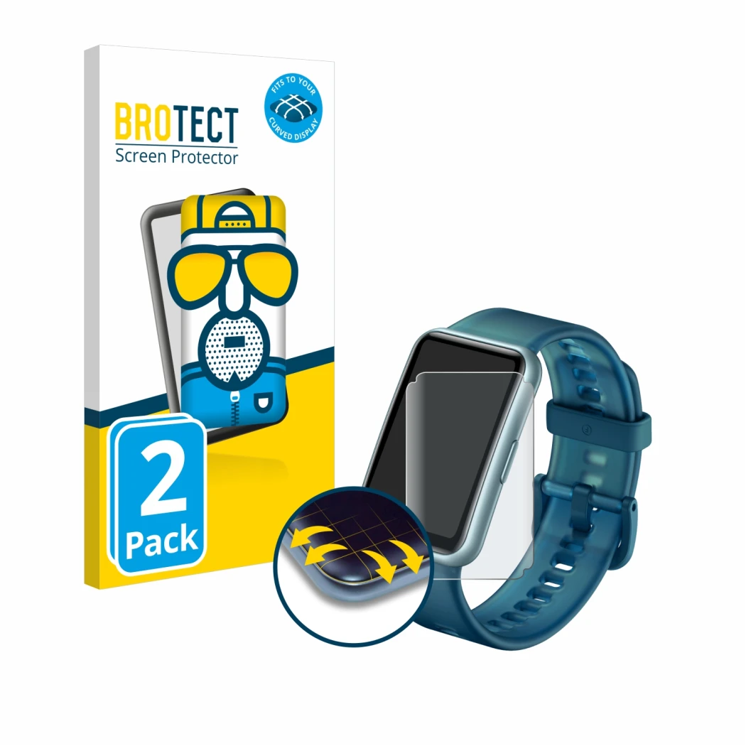 Vorderseite einer Produktverpackung mit dem Markenlogo BROTECT. Daneben ist das Gerät Huawei Watch Fit Special Edition mit dem