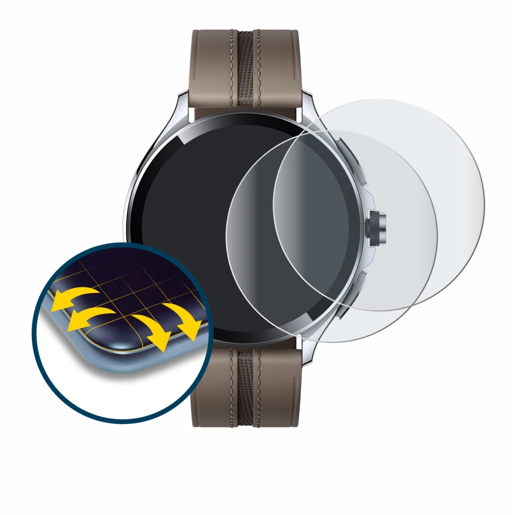 Abbildung des Geräts Xiaomi Watch 2 Pro mit einer Vielzahl des Displayschutzes.