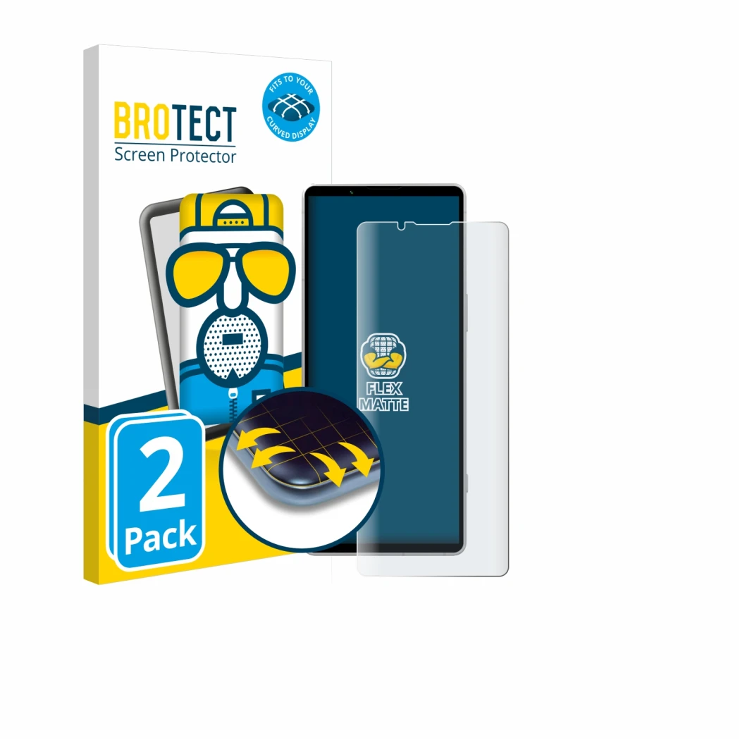 Vorderseite einer Produktverpackung mit dem Markenlogo BROTECT. Daneben ist das Gerät Sony Xperia 5 V mit dem zugehörigen Disp