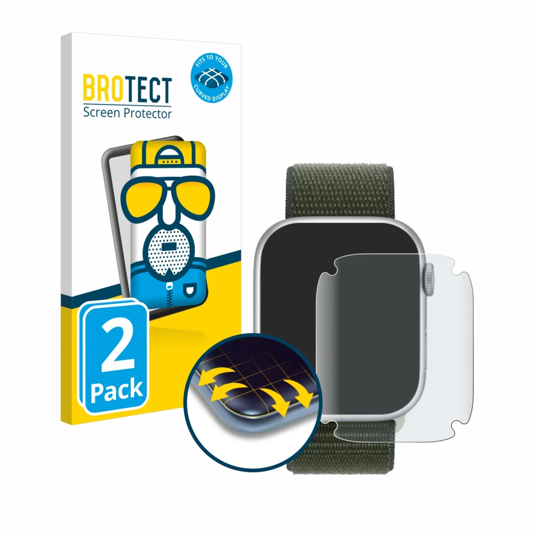 Vorderseite einer Produktverpackung mit dem Markenlogo BROTECT. Daneben ist das Gerät Apple Watch Series 9 (45 mm) mit dem zug